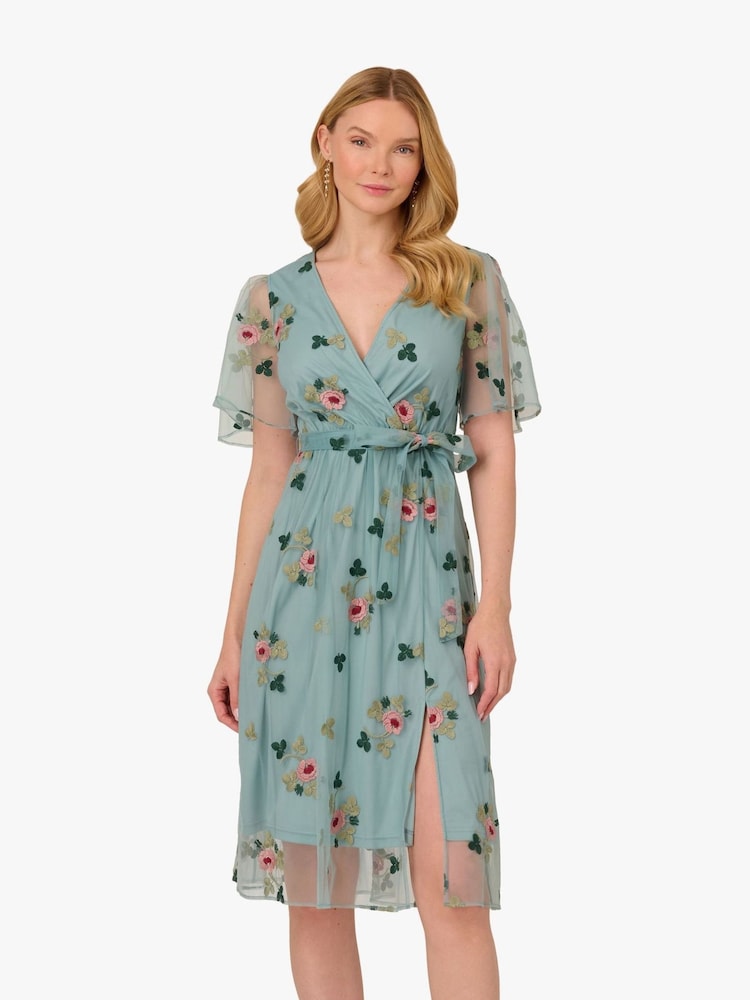 Adrianna Papell Grey Embroidered Surplice Midi Dress - Image 1 of 6