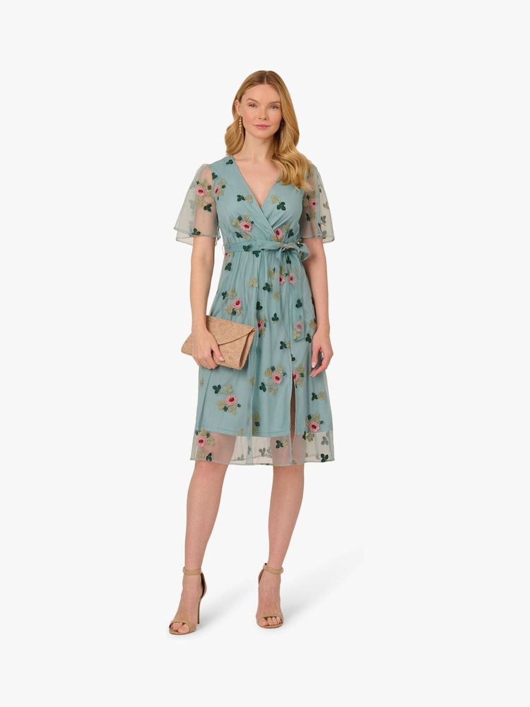 Adrianna Papell Grey Embroidered Surplice Midi Dress - Image 3 of 6
