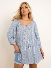 Yours Curve Blue Boho Long Sleeve Blouse - Image 1 of 6