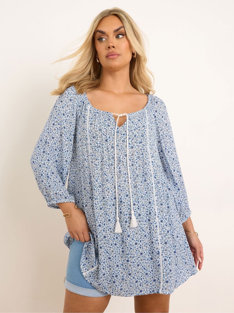 Yours Curve Blue Boho Long Sleeve Blouse - Image 1 of 6