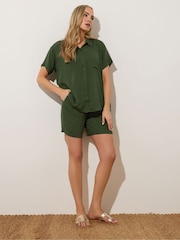 Long Tall Sally Green Crinkle Short Sleeve 100% Cotton Shirt - Image 3 of 6