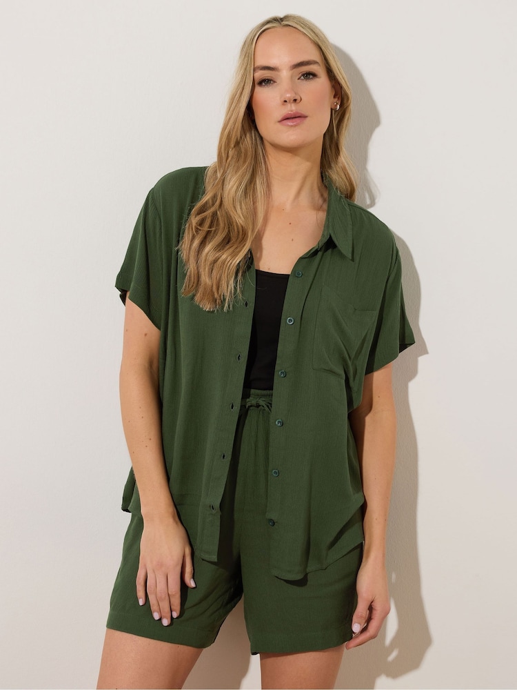 Long Tall Sally Green Crinkle Short Sleeve 100% Cotton Shirt - Image 5 of 6