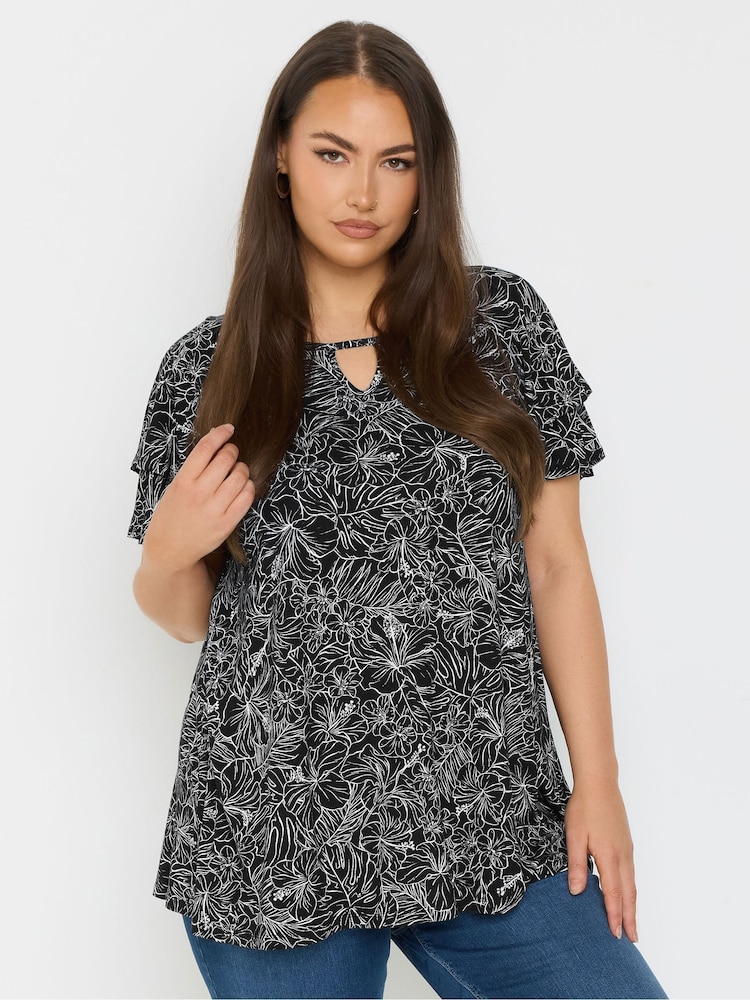 Yours Curve Black Double Frill Keyhole Blouse - Image 1 of 4 Yours Curve Black Double Frill Keyhole Blouse - Image 1 of 4