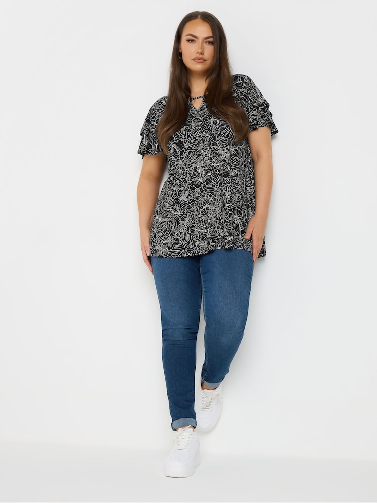 Yours Curve Black Double Frill Keyhole Blouse - Image 2 of 4