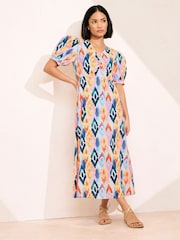 PixieGirl Petite Pink Abstract Puff Sleeve Midi Dress - Image 1 of 5