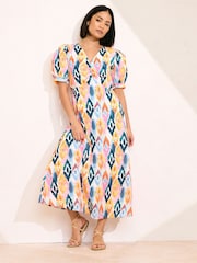PixieGirl Petite Pink Abstract Puff Sleeve Midi Dress - Image 2 of 5