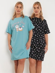 Yours Curve Blue Brunch Club Sleep 100% Cotton T-Shirts 2 Pack - Image 1 of 8