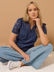 Long Tall Sally Blue Broidery Yoke 100% Cotton T-Shirt - Image 1 of 6