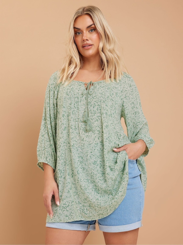 Yours Curve Green Boho Long Sleeve Blouse - Image 1 of 5