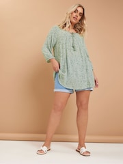 Yours Curve Green Boho Long Sleeve Blouse - Image 2 of 5