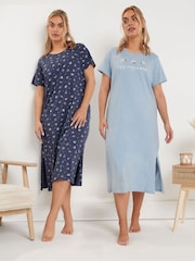 Yours Curve Blue Floral Print Midaxi 100% Cotton Nightdress 2 Pack - Image 1 of 8