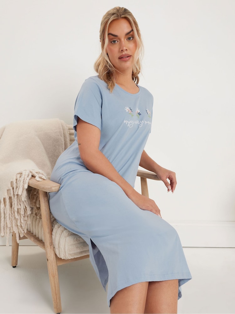 Yours Curve Blue Floral Print Midaxi 100% Cotton Nightdress 2 Pack - Image 4 of 8