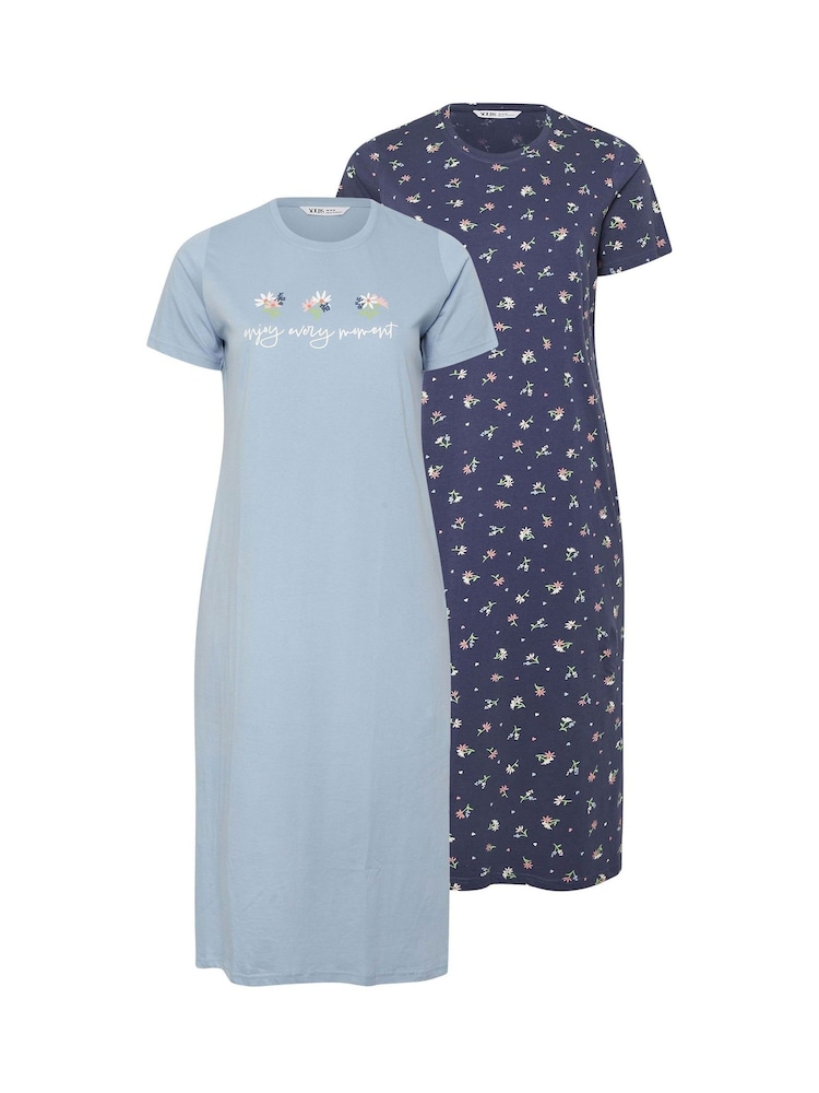 Yours Curve Blue Floral Print Midaxi 100% Cotton Nightdress 2 Pack - Image 6 of 8