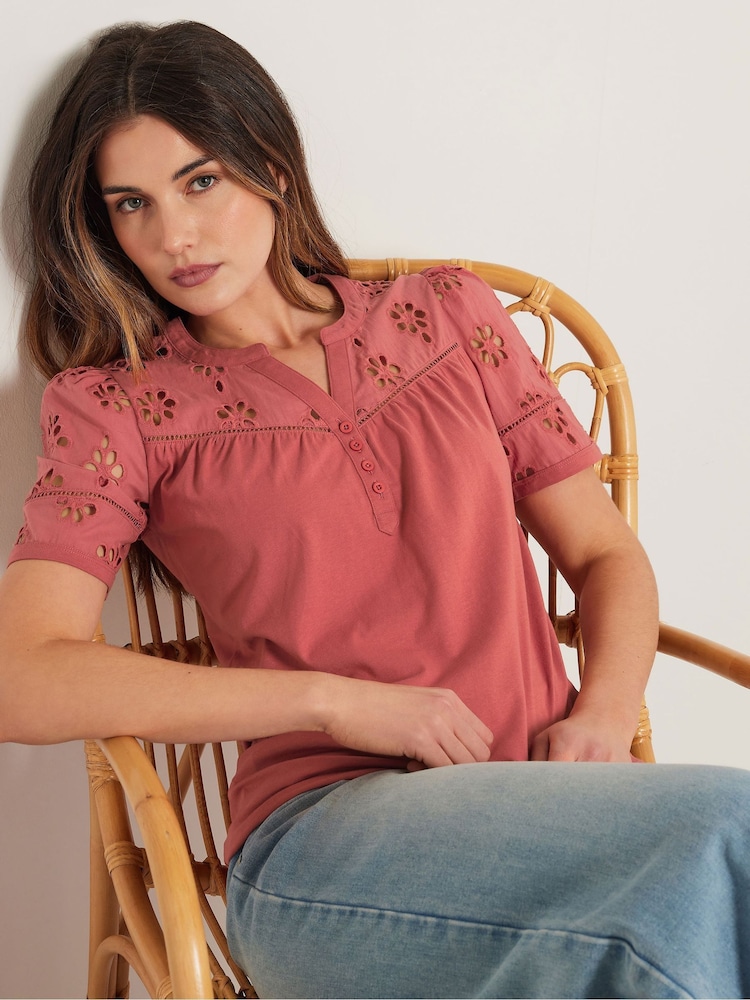 Long Tall Sally Pink Broidery Yoke 100% Cotton T-Shirt - Image 1 of 5