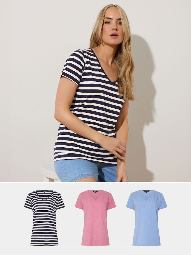 Long Tall Sally Blue Slub 100% Cotton T-Shirts 3 Pack - Image 1 of 9