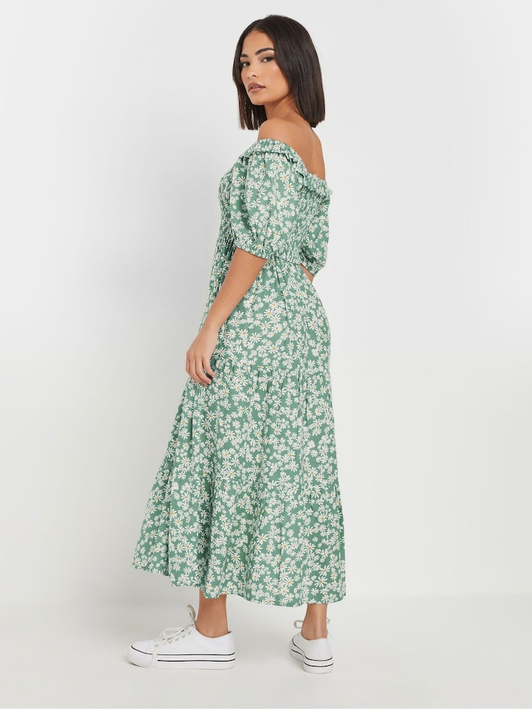 PixieGirl Petite Green Daisy Floral Puff Sleeve Midi Dress - Image 3 of 5