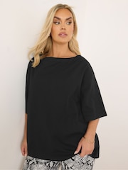 Yours Curve Black Boatneck Boxy 100% Cotton T-Shirt - Image 4 of 6