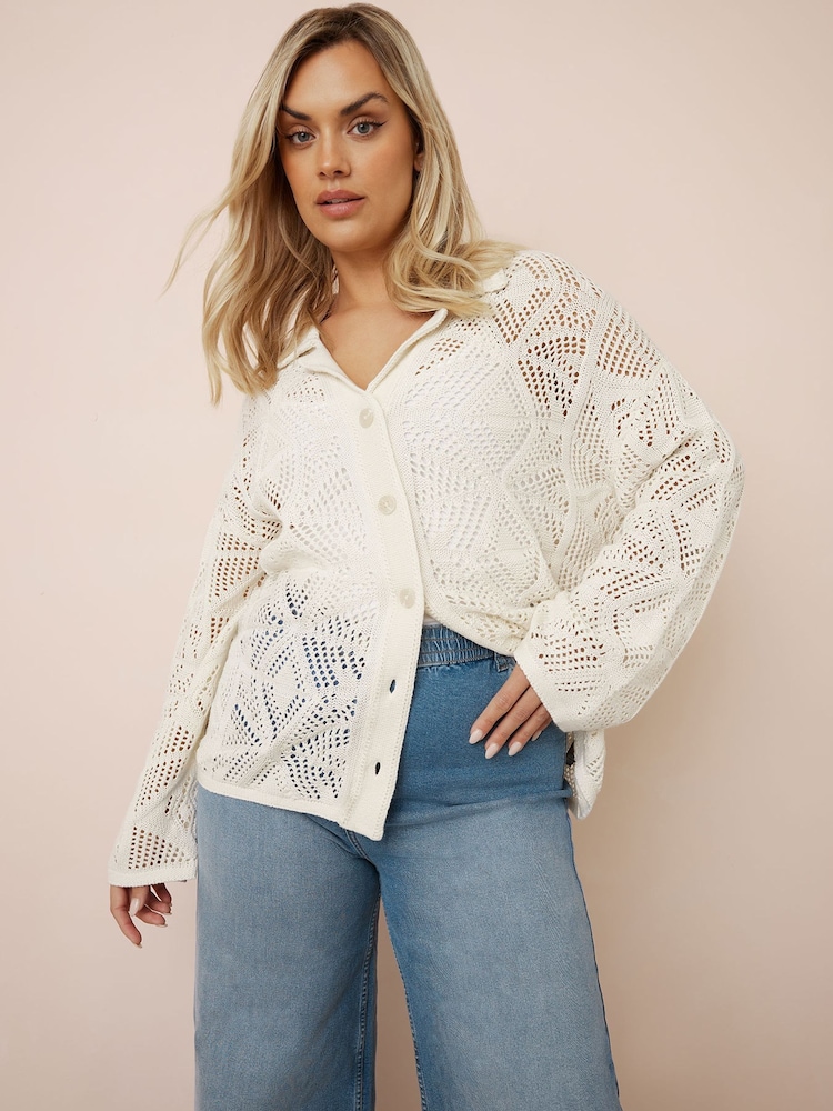 Yours Curve White Collar Crochet Cardigan - Image 1 of 5