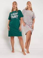 Yours Curve Green Lazy Daisy Sleep 100% Cotton T-Shirts 2 Pack - Image 1 of 8