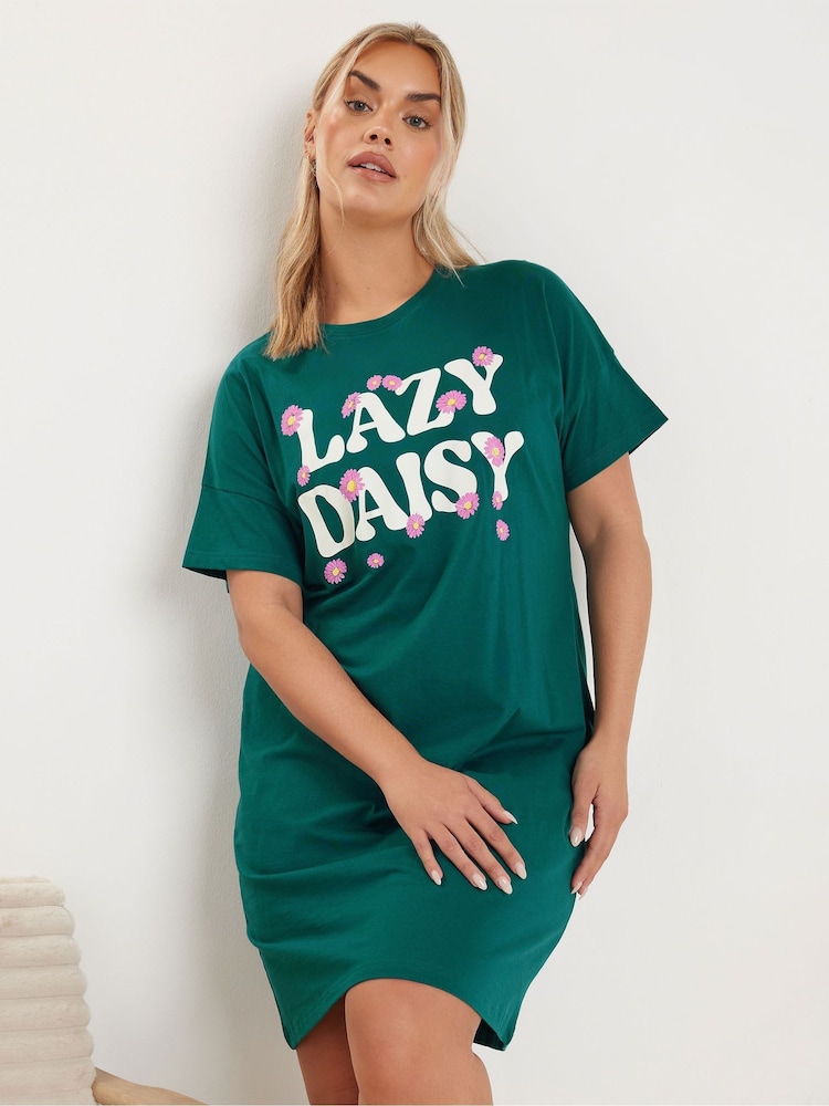 Yours Curve Green Lazy Daisy Sleep 100% Cotton T-Shirts 2 Pack - Image 2 of 8
