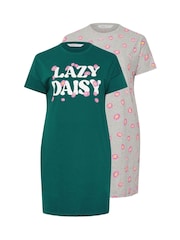 Yours Curve Green Lazy Daisy Sleep 100% Cotton T-Shirts 2 Pack - Image 6 of 8