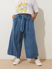 Yours Curve Blue Chambray Tie Waist Crop Trousers - Image 1 of 5
