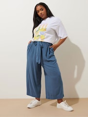 Yours Curve Blue Chambray Tie Waist Crop Trousers - Image 3 of 5