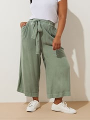 Yours Curve Green Chambray Tie Waist Crop Trousers - Image 1 of 5