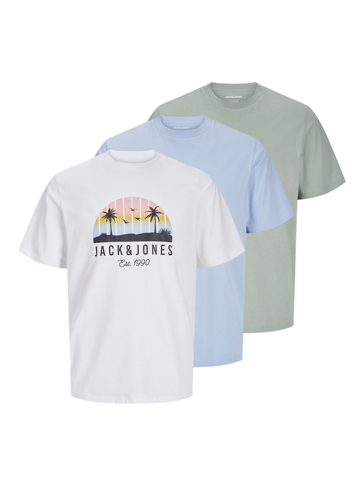 JACK & JONES Junior Blue Graphic Palm Print Short Sleeve 3 Pack T-Shirt - Image 1 of 4 JACK & JONES Junior Blue Graphic Palm Print Short Sleeve 3 Pack T-Shirt - Image 1 of 4