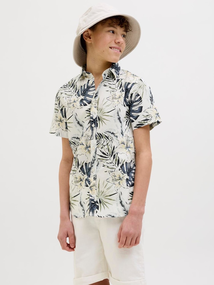 JACK & JONES Junior Cream Tropical Print Short Sleeve Shirt - Image 1 of 4 JACK & JONES Junior Cream Tropical Print Short Sleeve Shirt - Image 1 of 4
