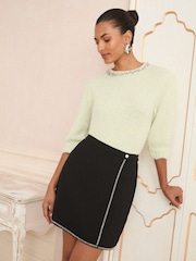 Love & Roses Black Dimante Trim Wrap Mini Skirt - Image 2 of 4