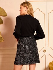 Love & Roses Black Silver Petite Sequin Lace Mini Skirt - Image 4 of 4