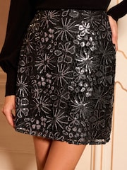 Love & Roses Black Silver Sequin Lace Mini Skirt - Image 1 of 4