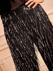 Love & Roses Black Silver Sequin Tassel Wide Leg Trousers - Image 2 of 5