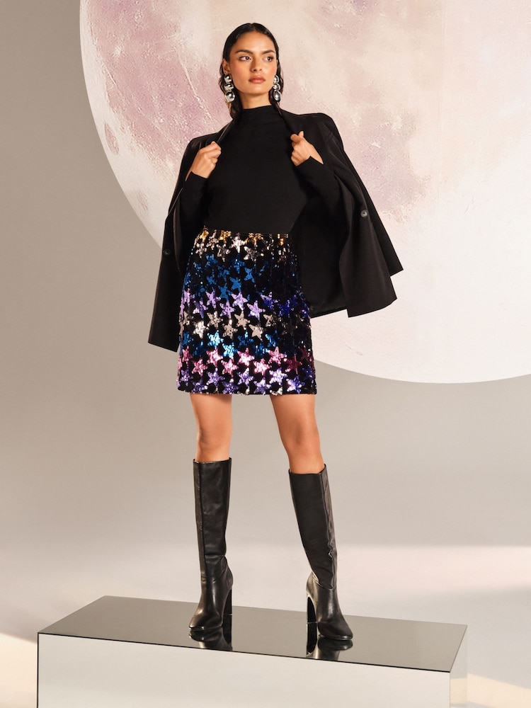 Love & Roses Multi Star Print RO Sequin Mini Skirt - Image 2 of 4