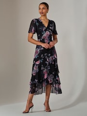 Jolie Moi Black Mesh Print Frill Hem Midaxi Dress - Image 1 of 5