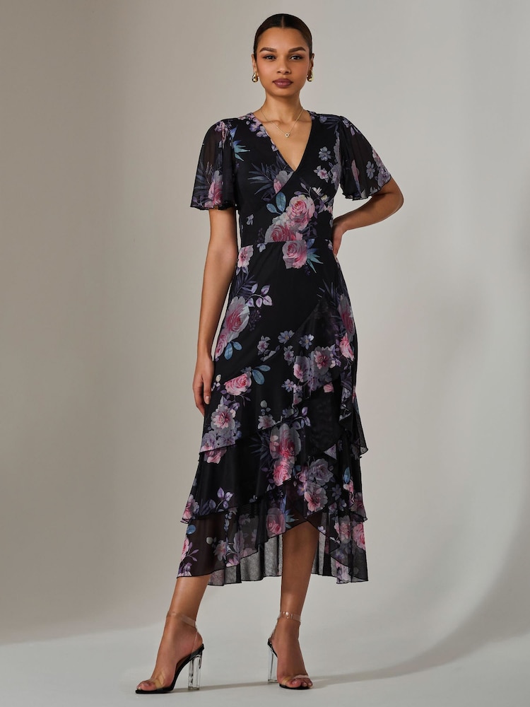 Jolie Moi Black Mesh Print Frill Hem Midaxi Dress - Image 2 of 5