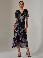 Jolie Moi Black Mesh Print Frill Hem Midaxi Dress - Image 3 of 5