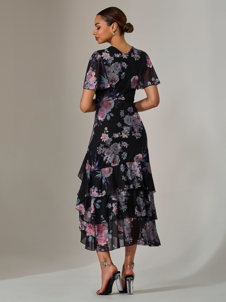 Jolie Moi Black Mesh Print Frill Hem Midaxi Dress - Image 4 of 5