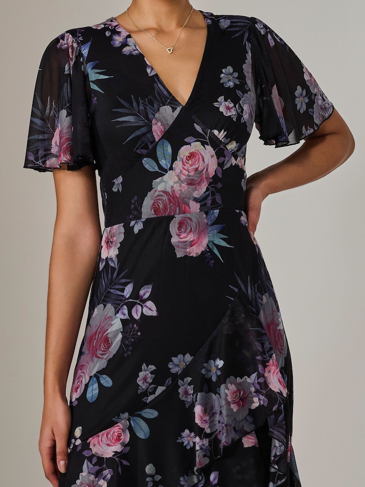 Jolie Moi Black Mesh Print Frill Hem Midaxi Dress - Image 5 of 5