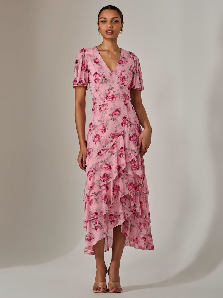 Jolie Moi Pink Mesh Print Frill Hem Midaxi Dress - Image 1 of 6
