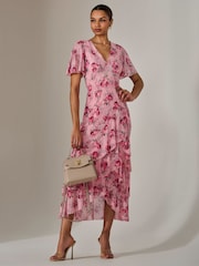 Jolie Moi Pink Mesh Print Frill Hem Midaxi Dress - Image 2 of 6