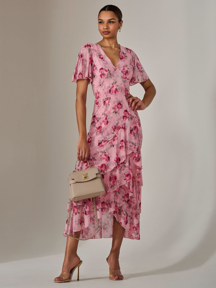 Jolie Moi Pink Mesh Print Frill Hem Midaxi Dress - Image 2 of 6