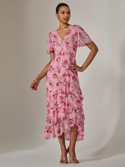 Jolie Moi Pink Mesh Print Frill Hem Midaxi Dress - Image 3 of 6