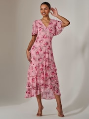 Jolie Moi Pink Mesh Print Frill Hem Midaxi Dress - Image 4 of 6