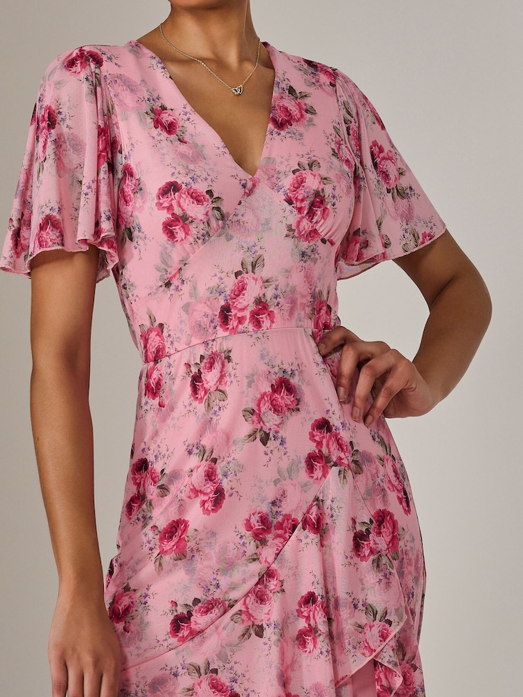 Jolie Moi Pink Mesh Print Frill Hem Midaxi Dress - Image 6 of 6