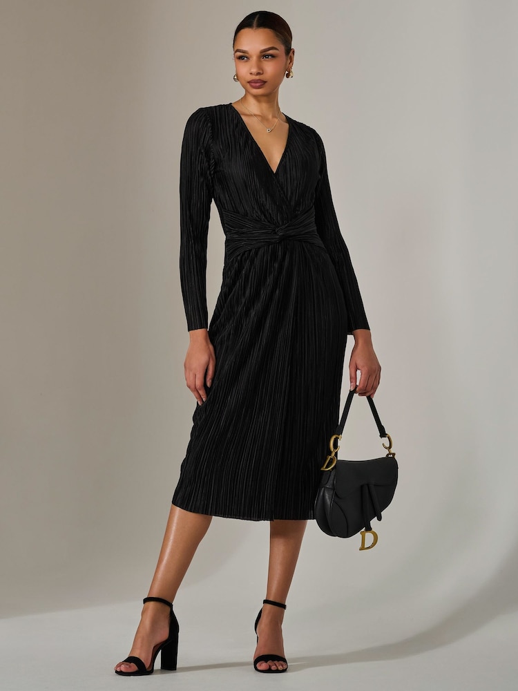 Jolie Moi Black Plisse Long Sleeve Midi Dress - Image 1 of 6