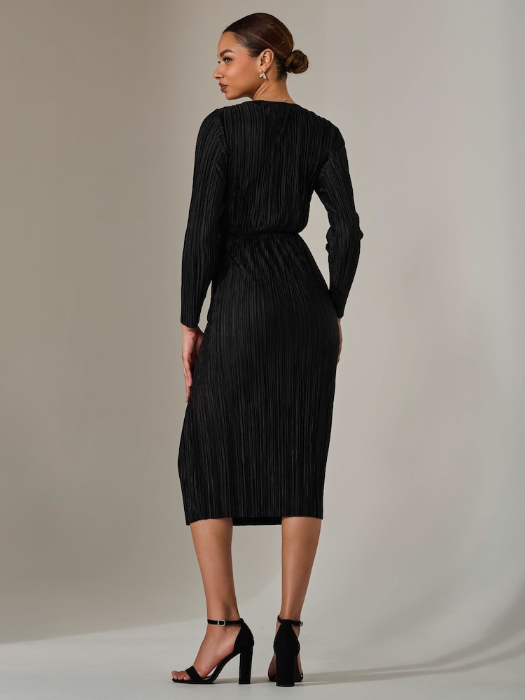 Jolie Moi Black Plisse Long Sleeve Midi Dress - Image 2 of 6