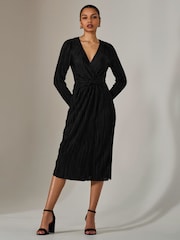 Jolie Moi Black Plisse Long Sleeve Midi Dress - Image 5 of 6