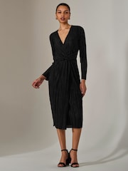 Jolie Moi Black Plisse Long Sleeve Midi Dress - Image 6 of 6